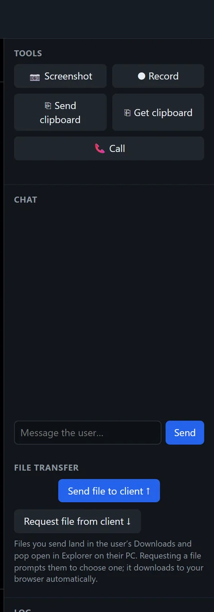The Secure Desk console's tool panel, with buttons for Screenshot, Record, Send clipboard, Get clipboard and Call, a chat box for messaging the user, and file transfer controls for sending a file to the client or requesting one from it.