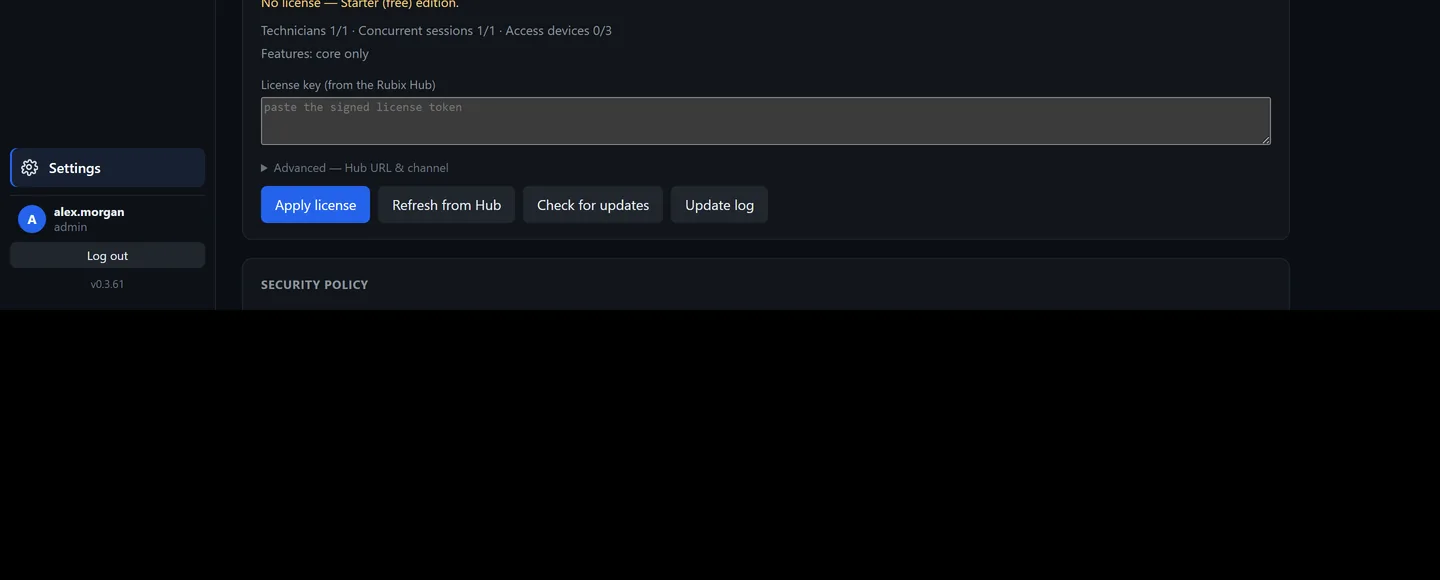 The License section of Secure Desk's Settings screen, showing the Node ID with a Copy button, a 'Starter — unlicensed' badge reading 'No license — Starter (free) edition', the current limits of 1 technician, 1 concurrent session and 0 of 3 access devices, and a box to paste the license key with an Apply license button.