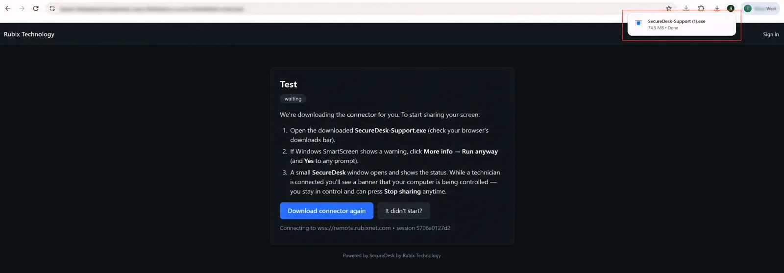 Secure Desk support session join page showing connector download and setup instructions
